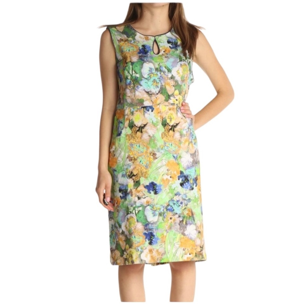 Lands' End Blue Green Yellow‎ Floral Ponte Keyhole Stretch Sheath Dress Sz 6P